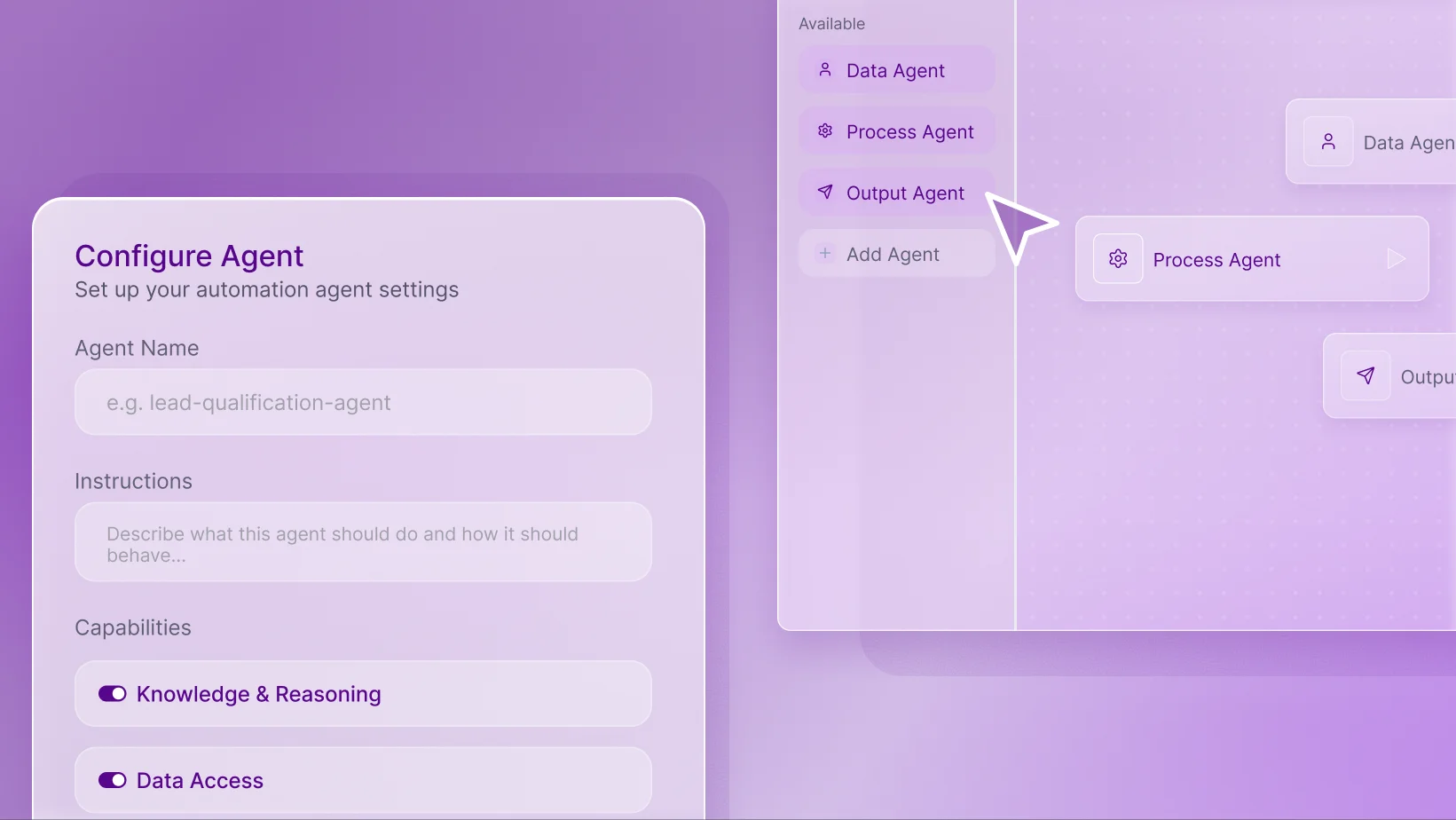 The Configure Agent panel — agent name, instructions and capabilities — beside the list of available agents being placed on a flow.