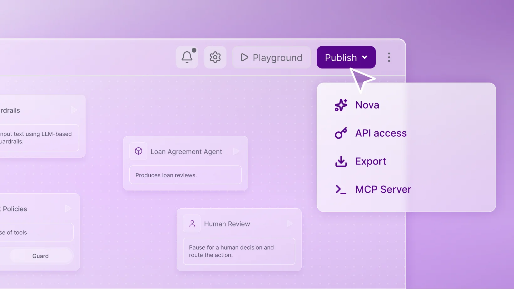 The Publish menu open over a finished flow, offering Nova, API access, Export and MCP Server.