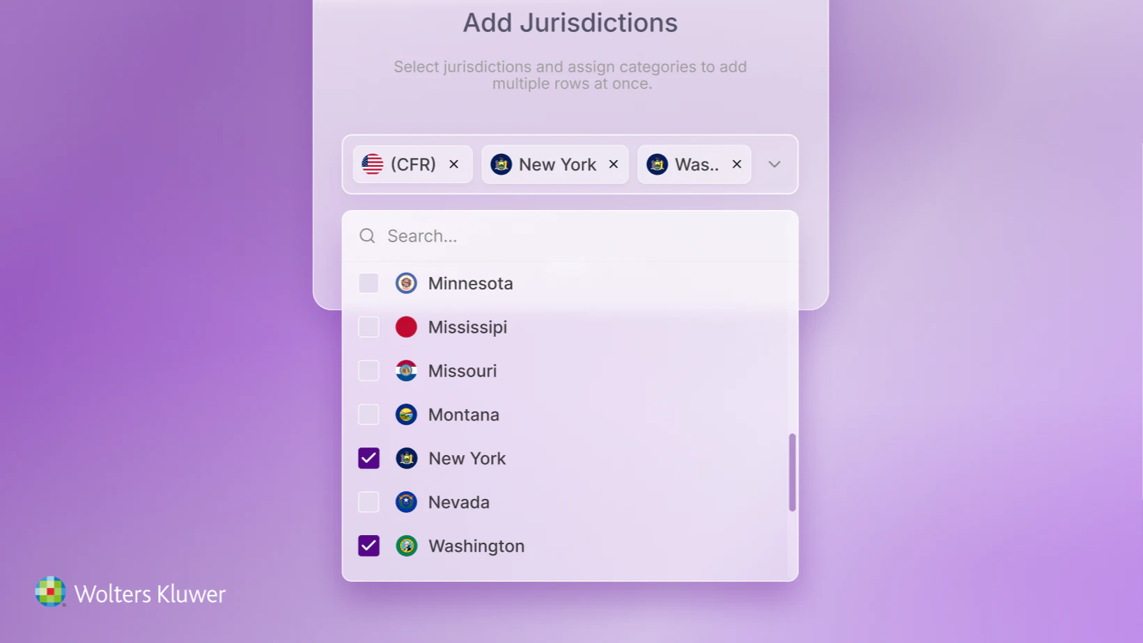 The Add Jurisdictions panel, with New York and Washington ticked from a searchable list of states.