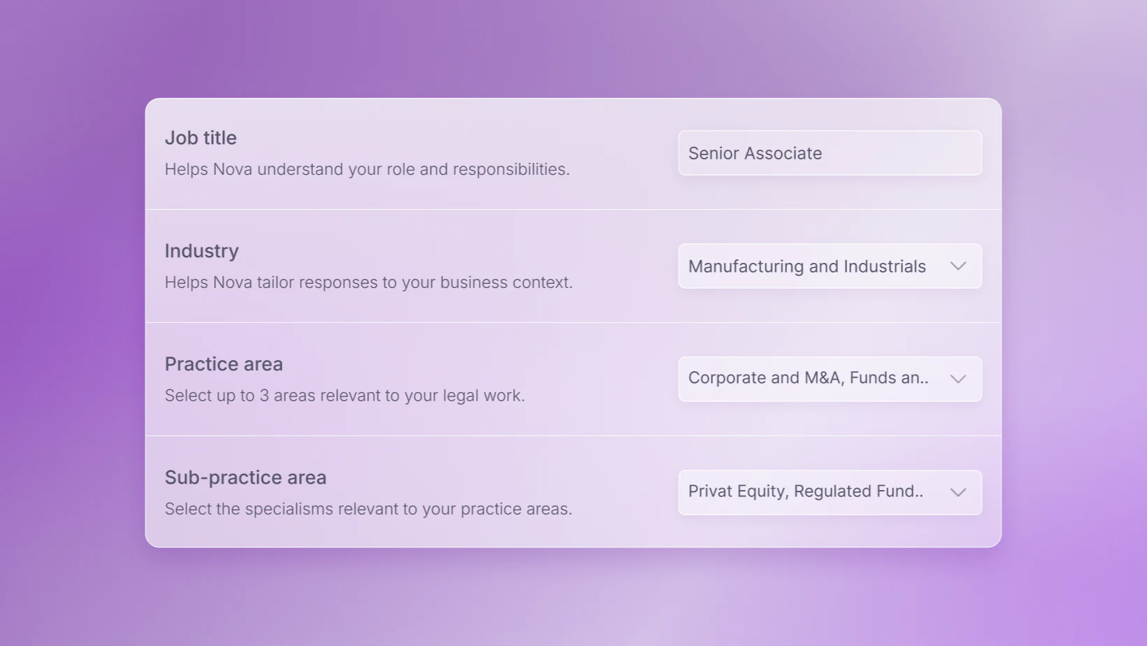 Nova’s personalisation panel, setting a job title, industry, practice area and sub-practice area in one place.