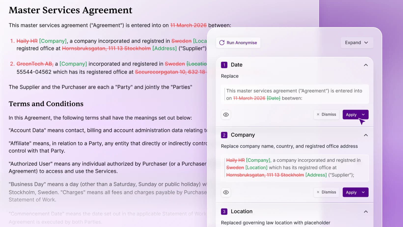 A master services agreement being anonymized: company names, locations and addresses swapped for placeholders, each replacement offered with Apply and Dismiss.