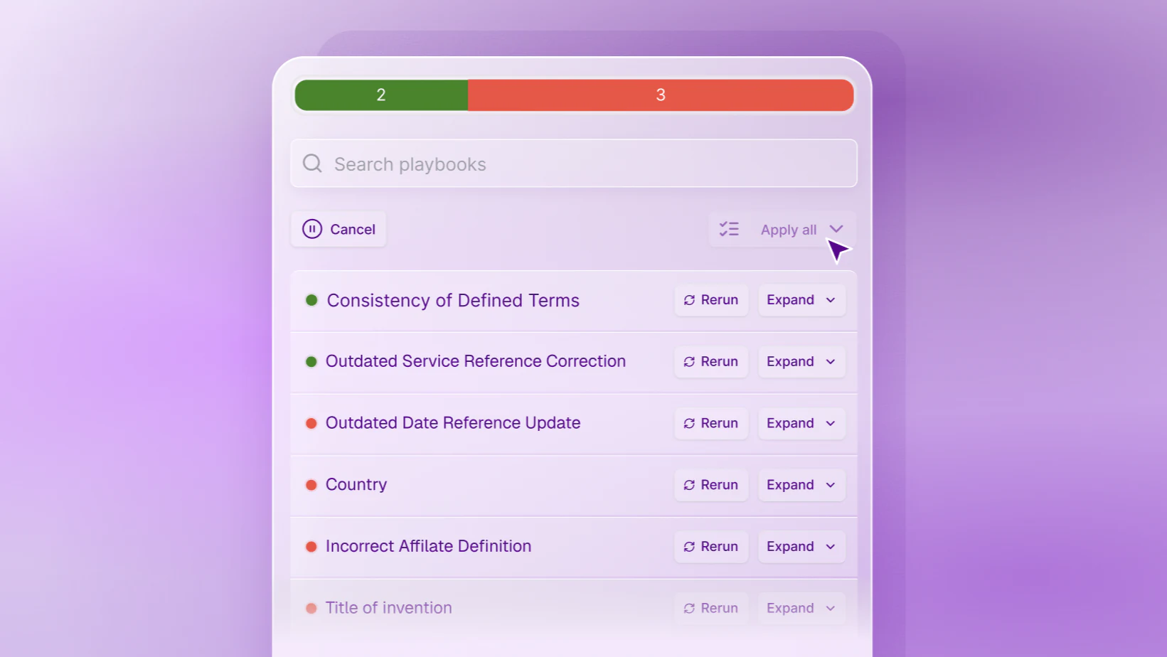 A playbook run over a document — two rules passed, three flagged — each with Rerun and Expand controls under a search bar and an Apply all button.