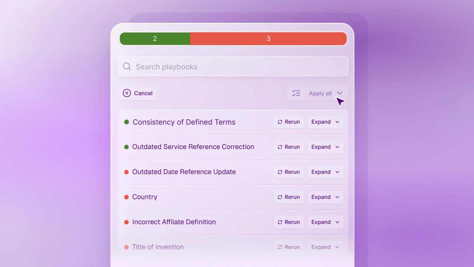 A playbook run over a document — two rules passed, three flagged — each with Rerun and Expand controls under a search bar and an Apply all button.
