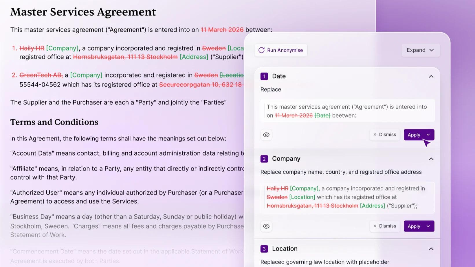 A master services agreement being anonymized: company names, locations and addresses swapped for placeholders, each replacement offered with Apply and Dismiss.