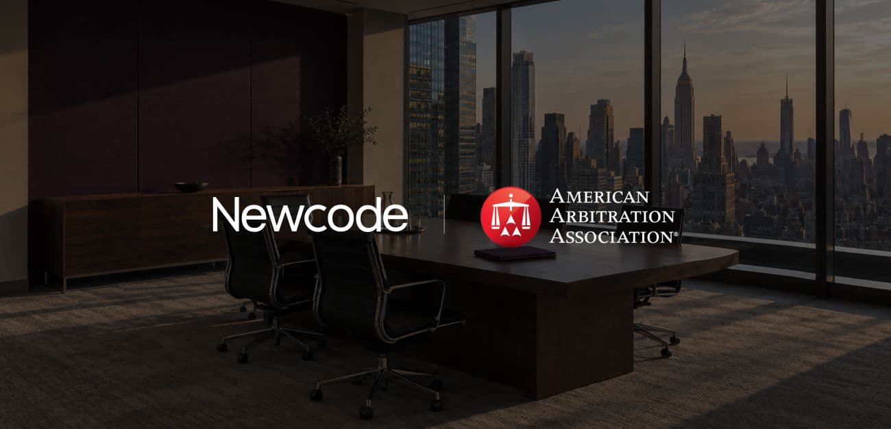 Newcode logo and American Arbitration Association logo are overlayed on an image of a New York office