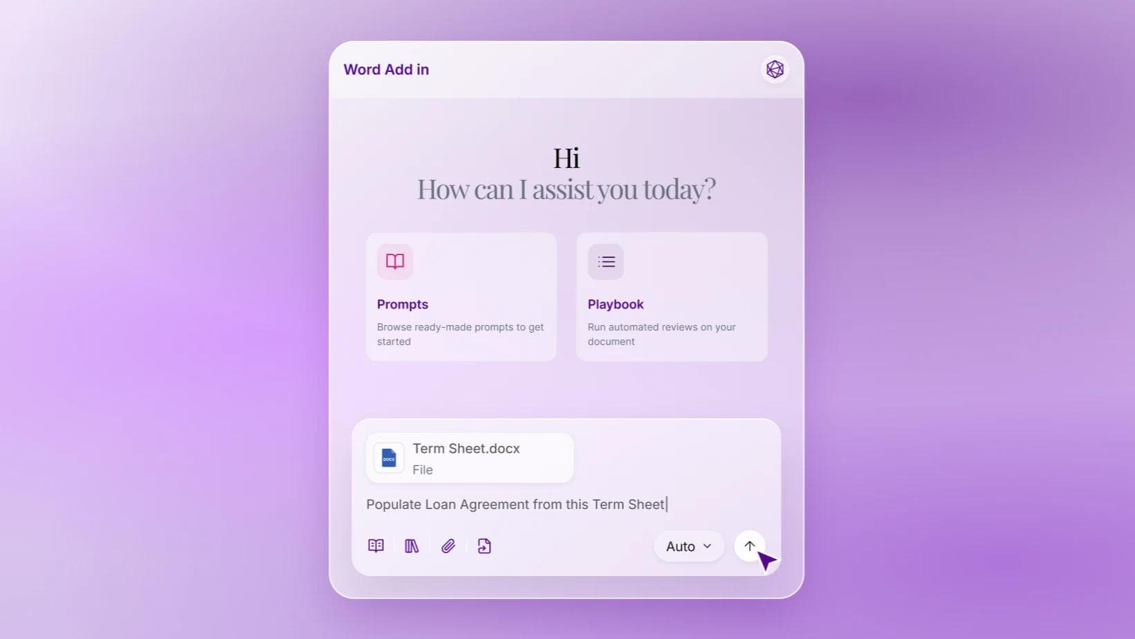 The Word Add In panel with Prompts and Playbook shortcuts, its composer holding Term Sheet.docx and the instruction to populate a loan agreement from it.